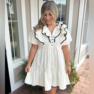 Umgee Cream Tiered V-Neck Dress with Navy Crotchet Trim